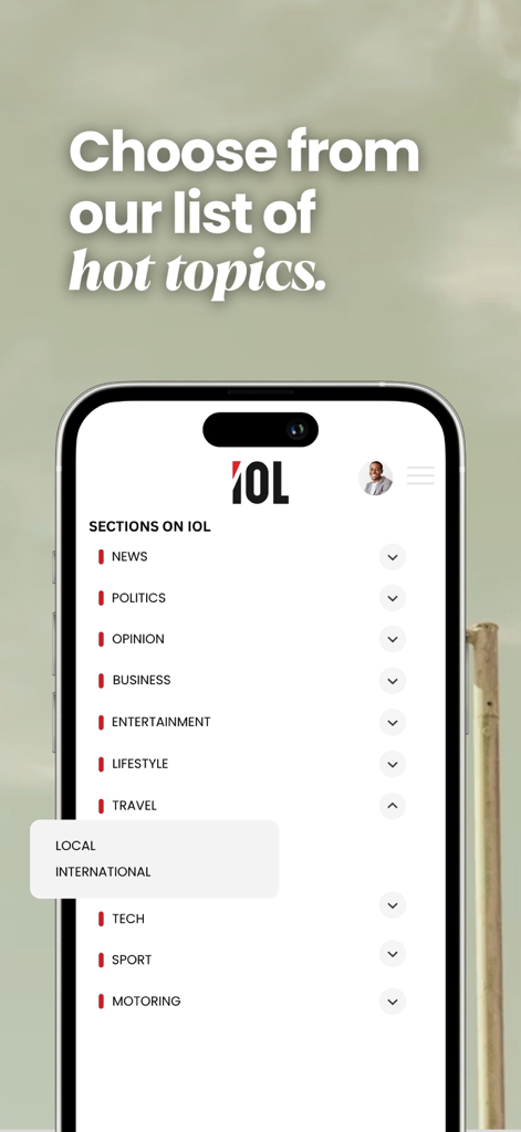 Tela de smartphone mostrando o menu do aplicativo IOL News com categorias como Política, Negócios e Viagem.