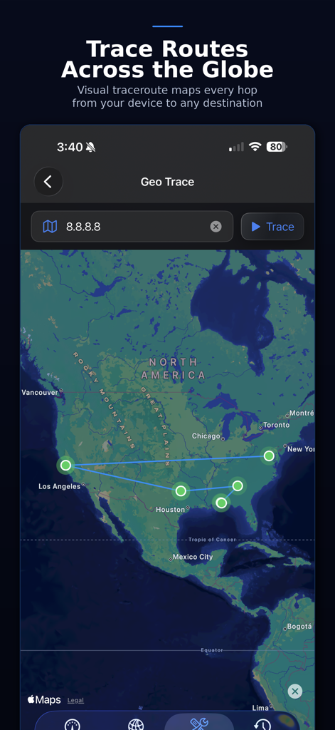 NetMonitor Mobile Geo Trace screen showing network hops mapped across North America