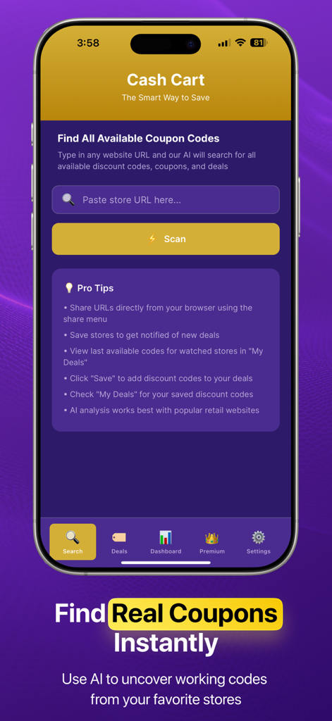 Cash Cart AI Coupon Finder - Pantalla de búsqueda de la aplicación Cash Cart AI donde los usuarios pegan una URL de tienda para escanear códigos de cupón que funcionan disponibles
