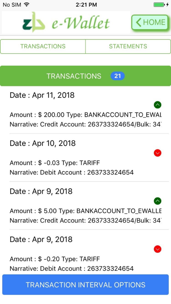 ZB eWallet - Transaction history screen in the ZB eWallet app showing a list of recent bank transfers and tariff charges.