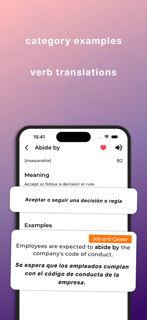 English Phrasal Verbs & Dict. - 영어 구동사 앱 인터페이스로, 동사 번역 및 스페인어 범주 예시가 표시됩니다.