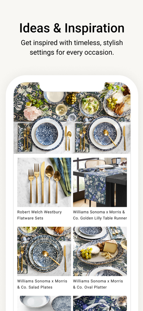 Williams Sonoma - Williams Sonoma app Ideas and Inspiration screen showcasing curated table settings and dinnerware