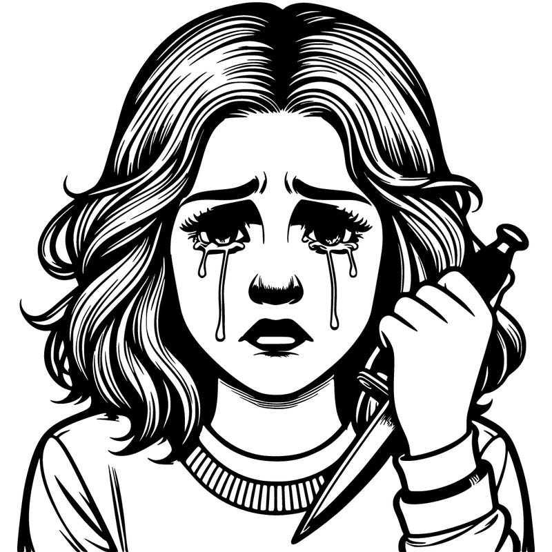 realistic teenage girl crying and holding a dagger