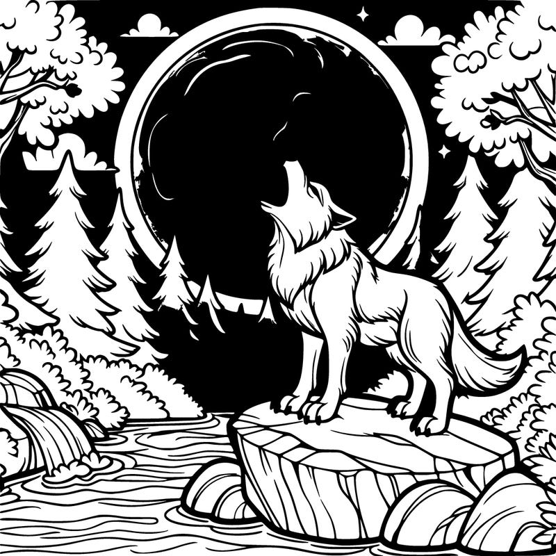 reilistic wolf howling on a rock with a full moon and its un a forest and theres a waterfall
