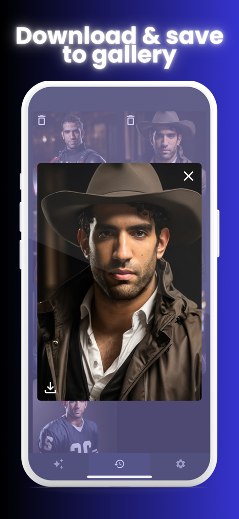 Interface do aplicativo mostrando retratos gerados por IA com um botão de download e salvamento