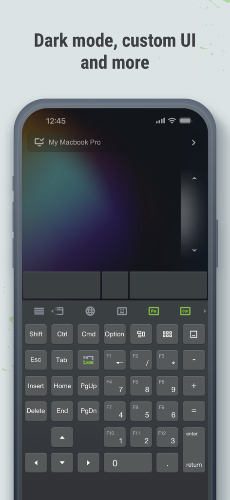 Remote Mouse - Remote Mouse app interface displaying dark mode and a customizable keyboard layout on a smartphone screen