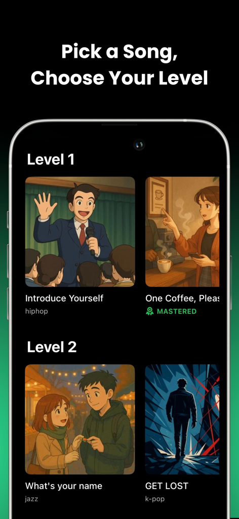 Melos - Learn Languages - Melos app interface showing Korean and Japanese language learning songs categorized by level and music genres like K-pop and Jazz.