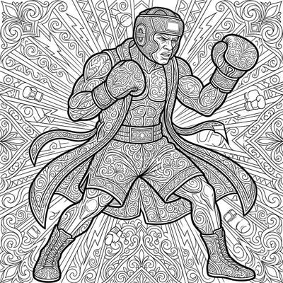 Step into the ring with this incredibly detailed adult coloring page featuring a powerful boxer. Explore a world of intricate patterns and bring this dynamic athlete to life with your colors.