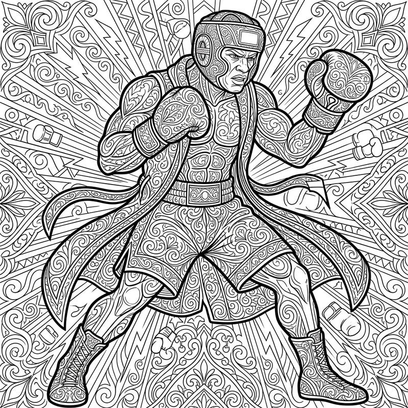 Step into the ring with this incredibly detailed adult coloring page featuring a powerful boxer. Explore a world of intricate patterns and bring this dynamic athlete to life with your colors.