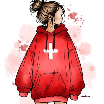 realistic girl with a oversized sweatshirt on and a bun