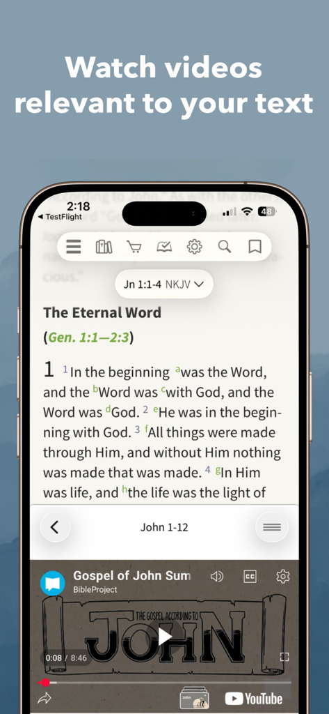 iPhone showing the NKJV Bible app with an integrated BibleProject video summary of the Gospel of John alongside scripture text