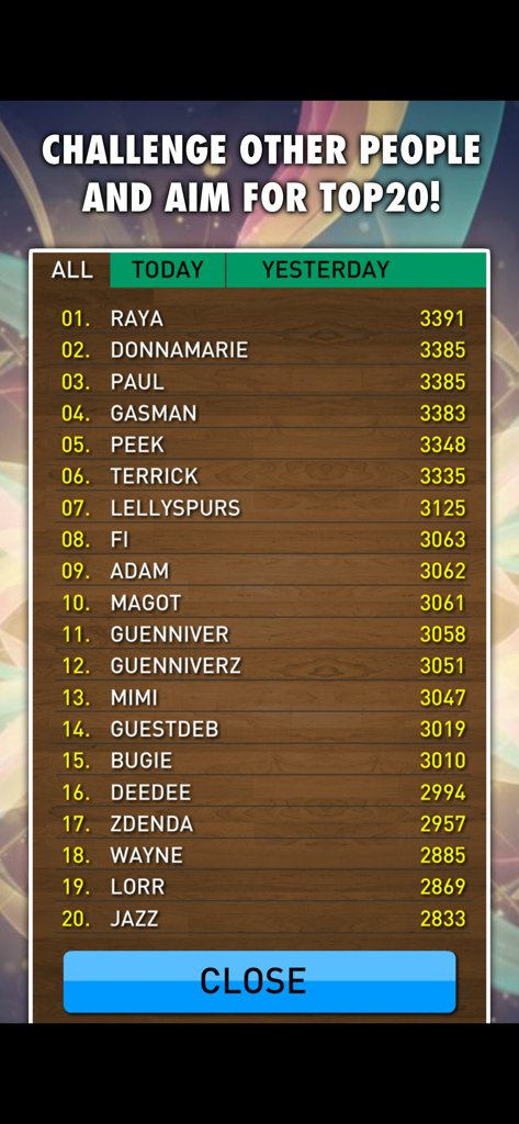 상위 20명의 플레이어 점수를 보여주는 글로벌 리더보드