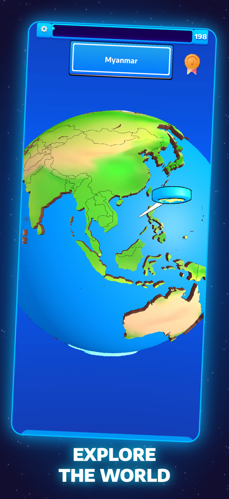 JordGlobe World Geography Game - A 3D world globe interface in the JordGlobe app showing a geography trivia question for Myanmar.