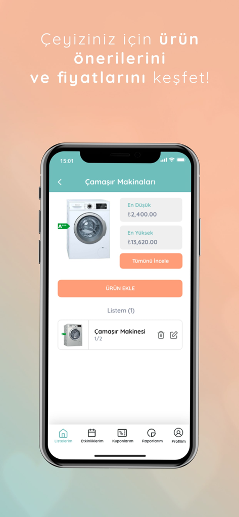 Çeyiz Listem - Ceyiz Listem app showing washing machine price comparison and registry checklist