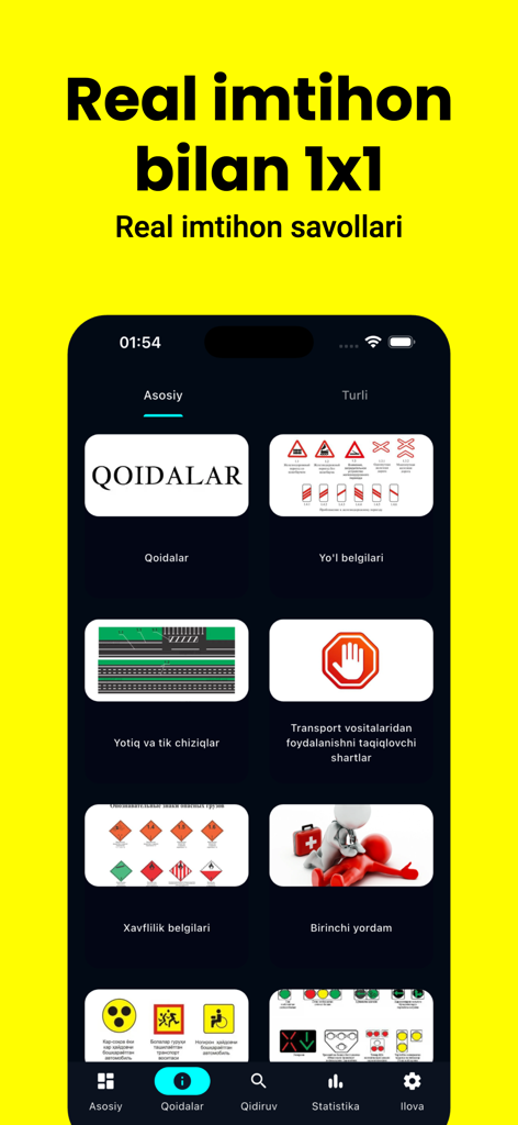 Avto Test PRO - Mobile interface of Avto Test PRO showing study sections for Uzbekistan road rules traffic signs and first aid