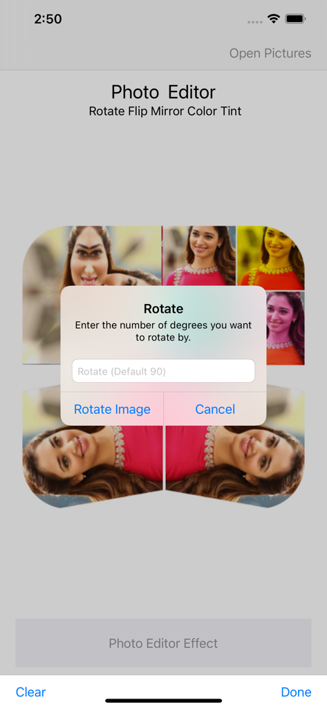 A popup dialog in the PhotoEditor app asking for the number of degrees to rotate an image