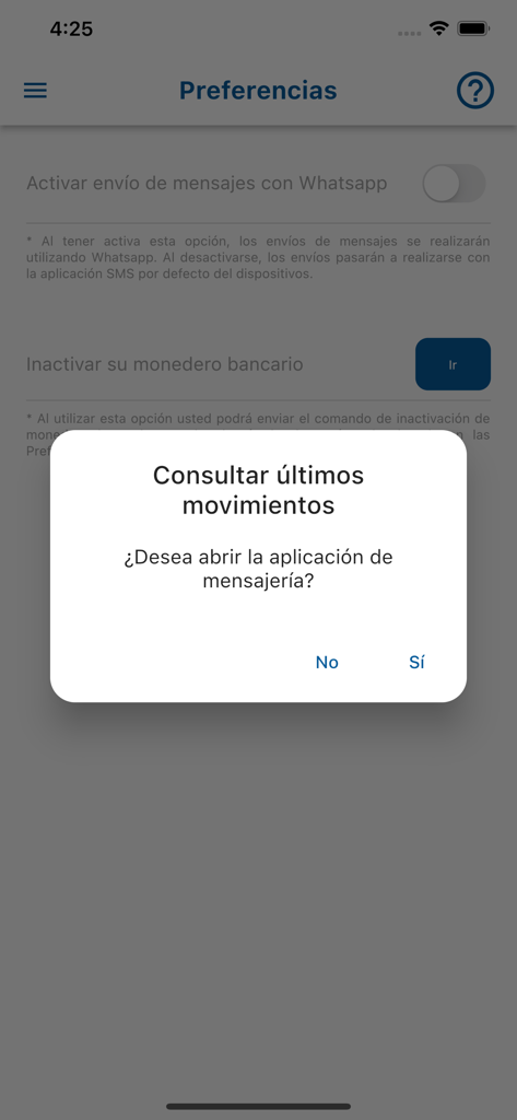 Caja de ANDE SINPE Móvil - Schermata delle preferenze dell'app Caja de ANDE SINPE Movil con una finestra di dialogo popup che chiede di aprire un'app di messaggistica per controllare le transazioni recenti