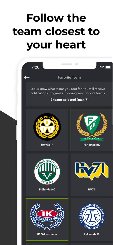 SHLive - SHLive app screen showing a selection grid of Swedish Hockey League team logos to follow for notifications.