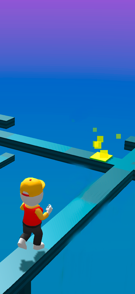 Run parkour games obby world - A character in a red shirt and yellow hat navigating a narrow platform in a parkour obstacle course.