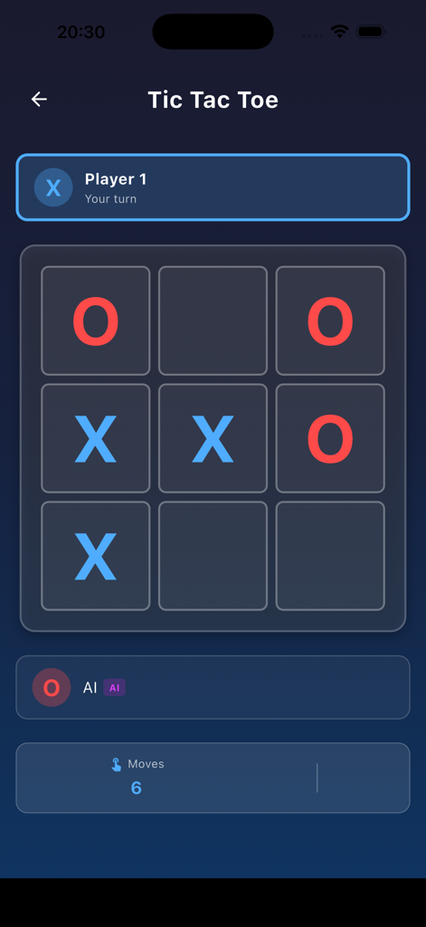 Multi Game Hub - A classic Tic Tac Toe match in progress within the Multi Game Hub mobile app interface.