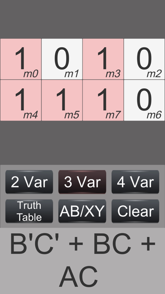 Kmap - Kmap app interface showing a 3 variable Karnaugh map grid and the simplified boolean logic expression