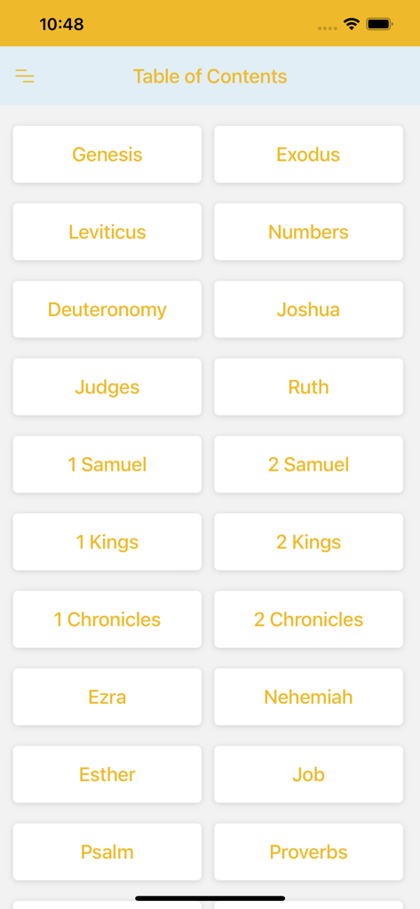 Table of contents in the Eastern Orthodox Bible app showing various books of the Bible