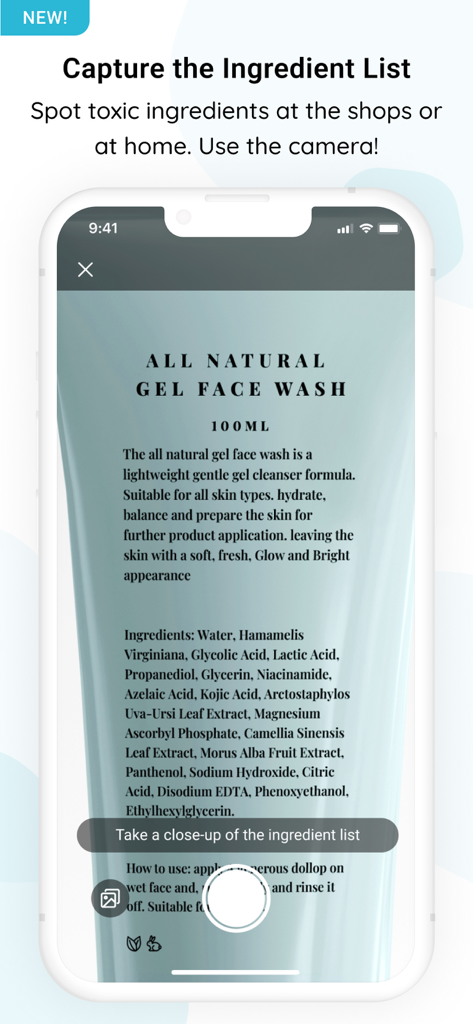 Clearya - Clearya app camera interface scanning an ingredient list on a face wash bottle
