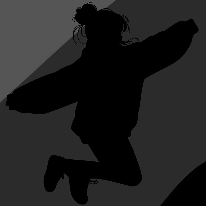 realistic girl jumping with a bun and oversized sweatshirt
