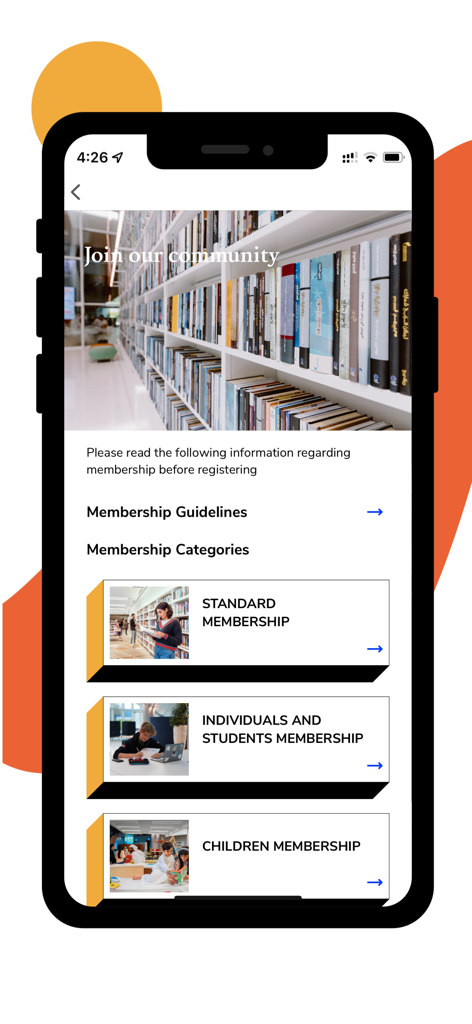 MBRL - Tela de opções de adesão da MBRL mostrando opções de adesão à biblioteca para indivíduos, estudantes e crianças.