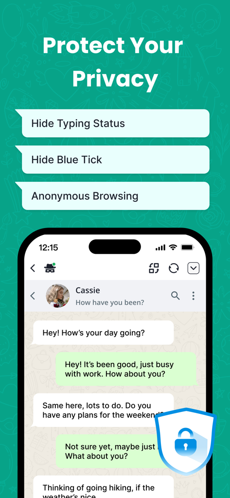 WAAI: Web Messenger, Dual Chat - WAAI app screen showing privacy settings like hide typing status hide blue tick and anonymous browsing.