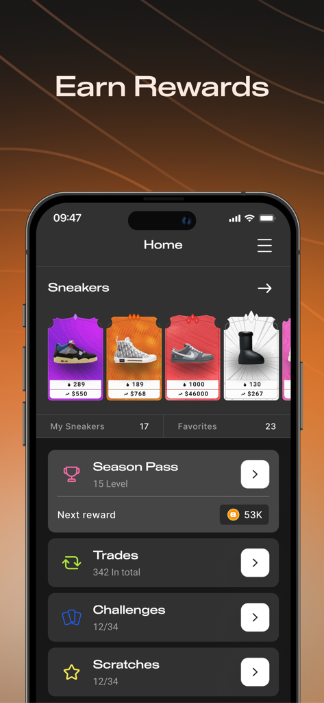 BoxedUp app home screen displaying sneaker trading cards and rewards menu