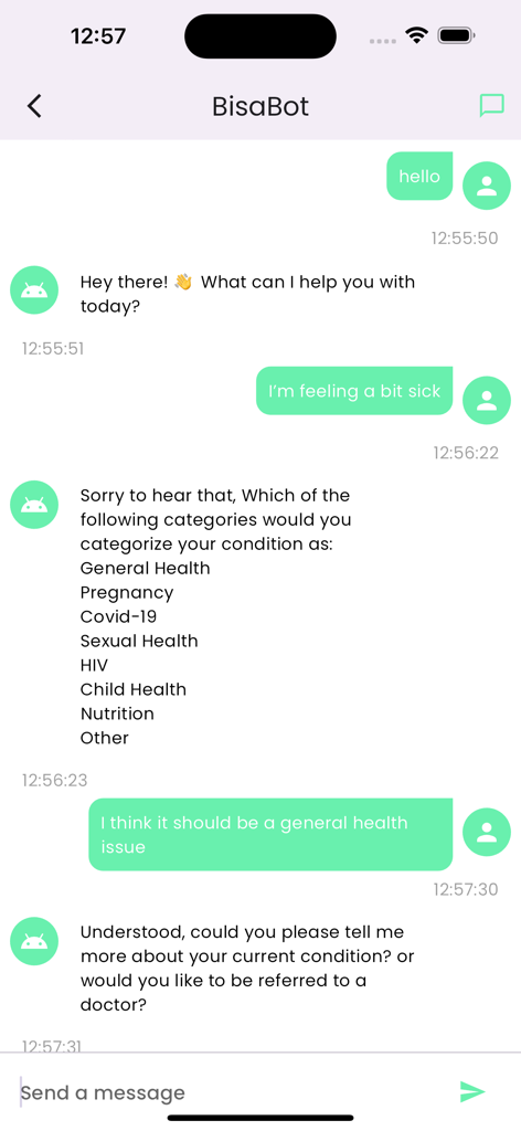 Bisa - Screenshot of BisaBot chat interface helping a user categorize their health symptoms
