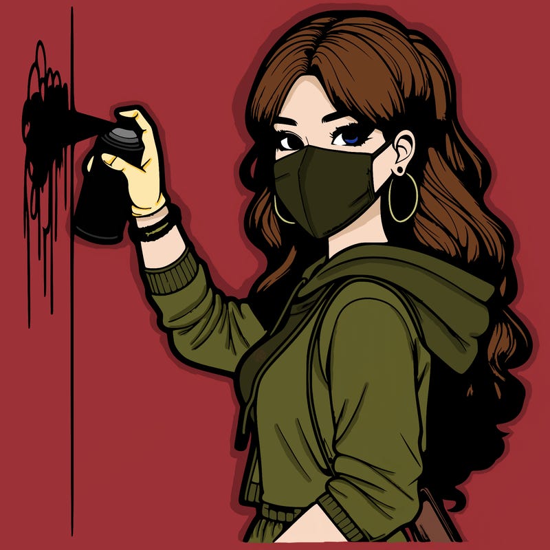 realistic girl with mask spray painting a wall