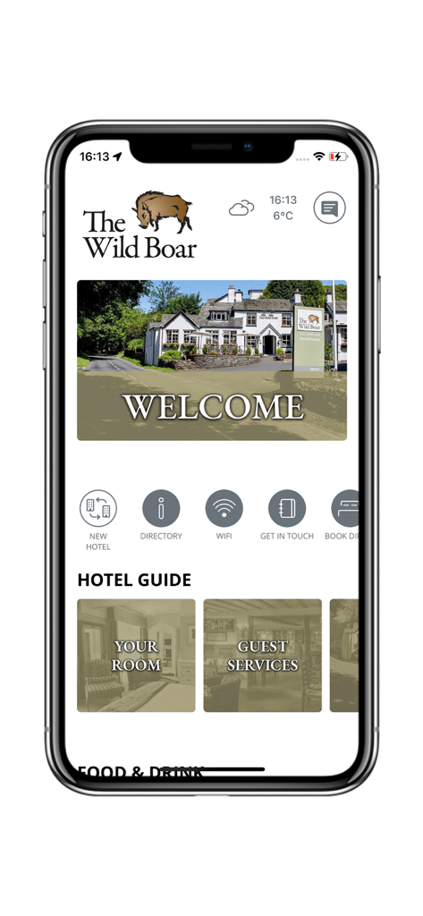 English Lakes Hotels - Mobile app interface for The Wild Boar hotel showing guest services and room guide options