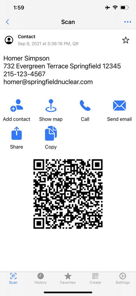 Interface of the QR Code Reader app showing scanned contact information with options to add to contacts, call, or email.