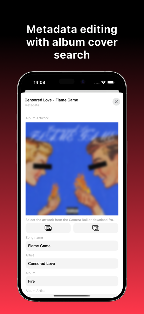 Music Appオフラインプレイヤーで、曲のメタデータを編集し、アルバムアートを検索するためのインターフェース。
