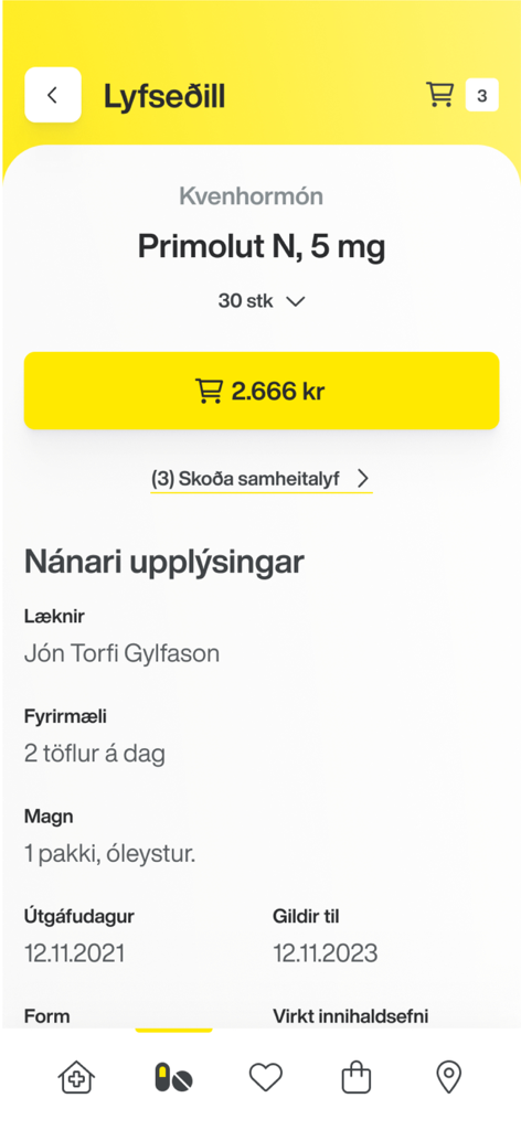 Apótekarinn - Mobile app screen showing prescription details for medication including price and dosage instructions.