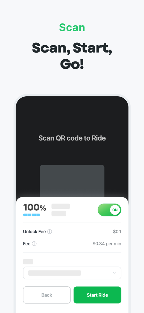 GCOO app interface showing the scan QR code screen to start a ride with rental fee information