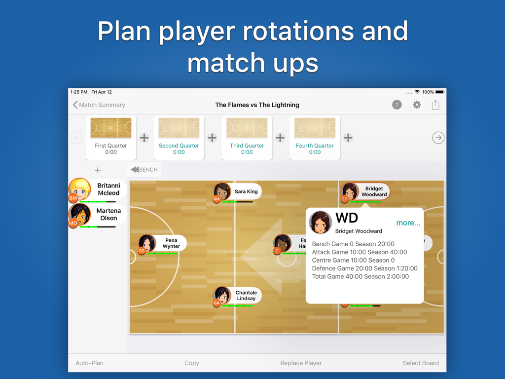 Great Coach Netball - Great Coach Netball app interface for planning player rotations and match ups on an iPad