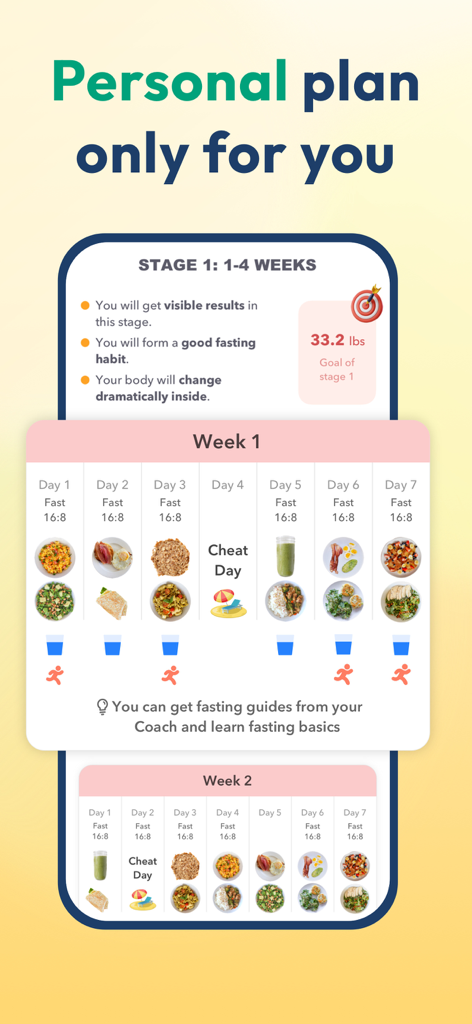 A personalized weekly fasting plan in the Litely app showing meal photos and hydration tracking.