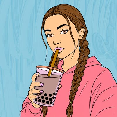 a realistic girl with two braids and  with boba tea
