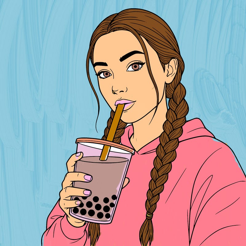 a realistic girl with two braids and  with boba tea