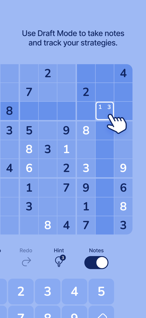 Cozy Sudoku - Interfaz de Cozy Sudoku que ilustra el Modo Borrador para añadir notas manuales al puzle