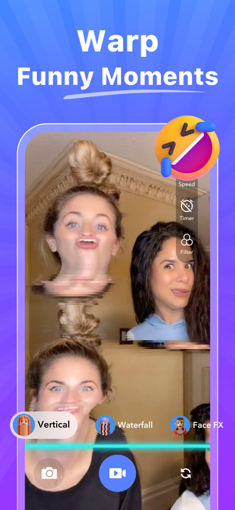 Interface of the Time Warp Scan app displaying a funny distorted face effect with vertical and waterfall scan options.