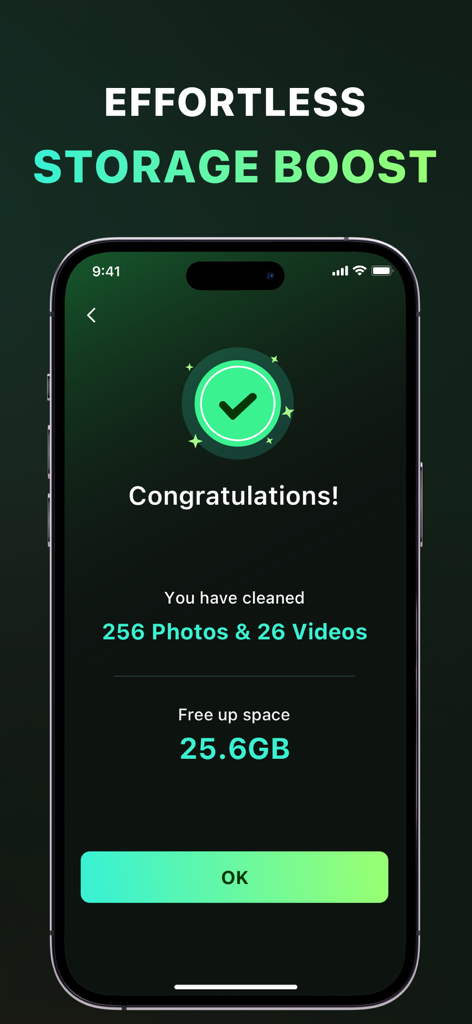 Pantalla de éxito de ClearSnap mostrando 25,6 GB de espacio de almacenamiento liberado después de limpiar fotos y vídeos.