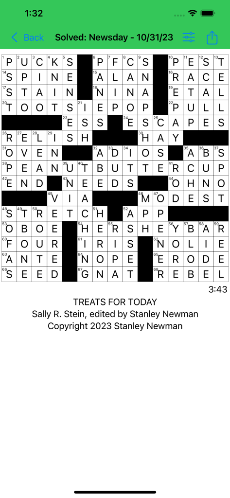 Omni Crosswords - A completed Newsday crossword puzzle titled Treats for Today on the Omni Crosswords mobile app interface
