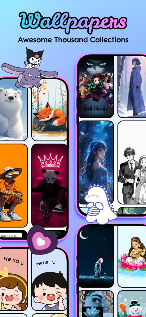 Iconic Themes & Wallpaper - A collection of diverse smartphone wallpapers including anime, animals, and aesthetic illustrations in the Iconic Themes app.