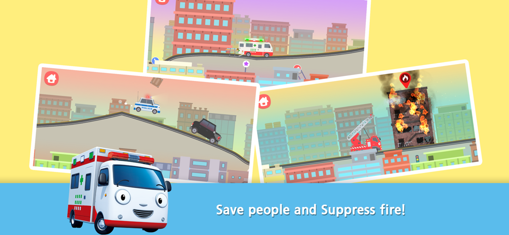 TAYO The Brave Cars - A collage of gameplay screenshots from TAYO The Brave Cars showing an ambulance, a fire truck, and a police car on various rescue missions in a cartoon city.