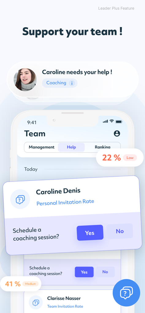 Interfaz de la aplicación para que los líderes de network marketing identifiquen a los miembros del equipo que necesitan coaching basándose en datos de rendimiento