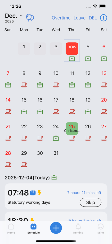 OK Alarm: Holiday & Shift Work - Monthly calendar showing shift work schedules and holiday reminders in OK Alarm